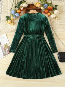 SHEIN Tween Girl Solid Color Round Neck Long Sleeve Pleated Hem Fashionable Dress - Green - View 2