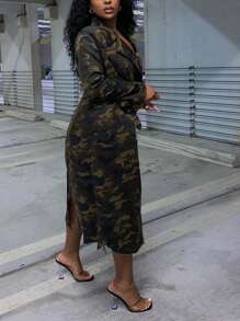 Slaydiva Camo Print Trench Coat - Army Green - View 5