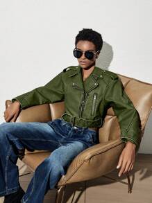 SHEIN BIZwear Zip Up Belted PU Leather Moto Jacket - Green - View 6