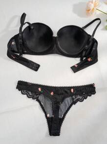 Floral Print Lettuce Trim Underwire Bra & Panty Lingerie Set - Black - View 2