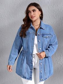 SHEIN Privé Hơn Thả vai Túi có nắp Áo khoác denim - Màu xanh lam - Xem 6