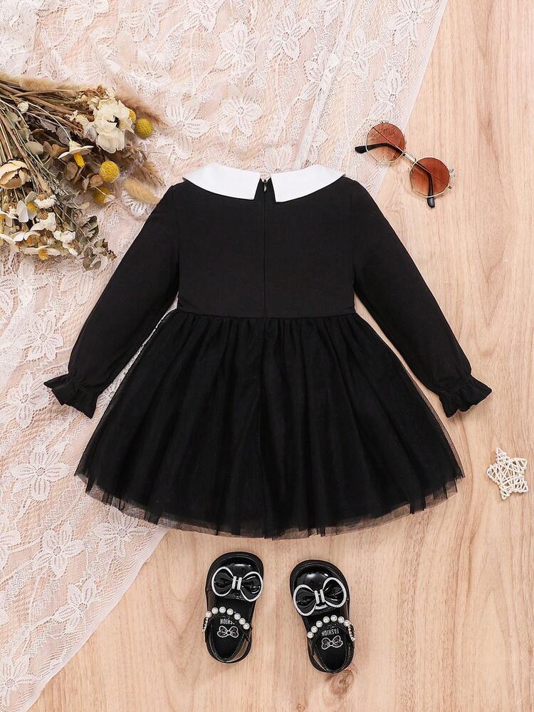 Baby Girls' Cute Printed Peter Pan Collar Mesh Splice Long Sleeve Dress