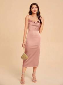 SHEIN Belle Draped Collar Split Back Satin Cami Dress Elegant Cocktail Semi Formal Prom Wedding Guest Dress, For Birthday, Graduation, Dinner, Homecoming Party Dress