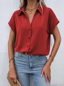 EMERY ROSE Solid Batwing Sleeve Button Front Shirt For New Year Clothes,Short Sleeve Tops - Red - View 7