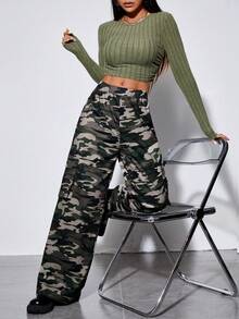 SHEIN PETITE Solid Crop Tee & Camo Print Wide Leg Pants - Army Green - View 3