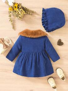 Baby Girl Borg Collar Double Breasted Coat & Hat - Blue - View 2