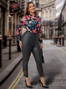 SHEIN Clasi 大碼蕾絲拼接PU皮打底褲 - 黑色 - 查看 1