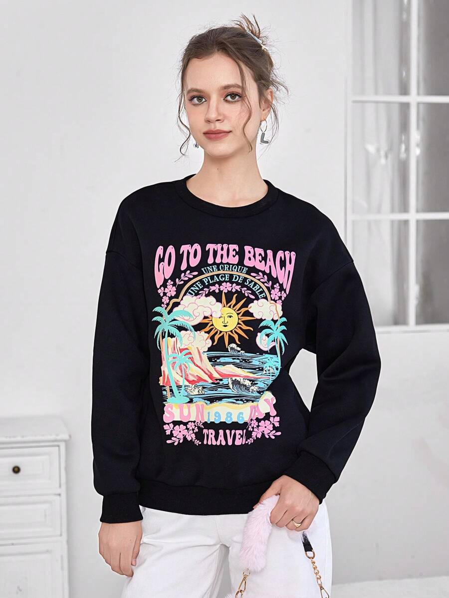 SHEIN EZwear Pullover con estampado de letra y dibujos animados de hombros caídos - Negro - Ver 1