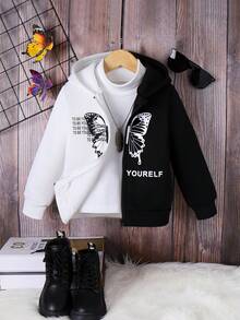 SHEIN 女小童雙色蝴蝶和標語圖案連帽夾克 - 黑與白 - 查看 7
