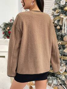 SHEIN Unity Dual Pocket Contrast Binding Drop Shoulder Duffle Teddy Coat - Khaki - View 2