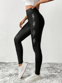 SHEIN Essnce Pha lê Đồ họa tia chớp Dây kéo phía trước Cạp da PU - màu đen - Xem 2