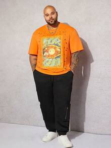 GENTILAND Men Plus Size Sun & Letter Graphic Hollow Out Tee - Orange - View 4