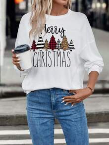 SHEIN EZwear 聖誕圖案落肩袖運動衫 - 白色 - 查看 4