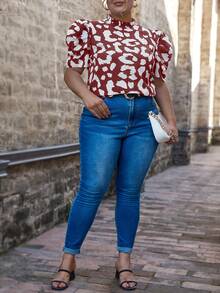 SHEIN Clasi 大碼滿版印花泡泡袖襯衫 - 紅白色 - 查看 4