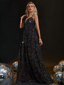 Abito con bretelle sottile inserto in rete paillettes - nero - Visualizzare 4