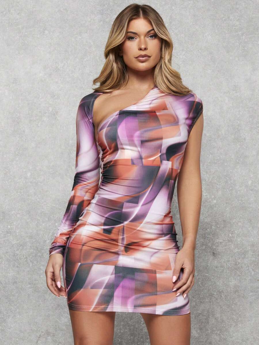 SHEIN BAE Vestido ajustado de cuello asimétrico con estampado - Morado - Ver 1