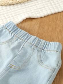 SHEIN Vintaside Kids 女婴三件套弹力腰斜插口袋纯色牛仔裤，时尚秋冬款 - 彩色 - 查看 3