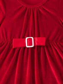 SHEIN Cô Gái Trẻ Viền tương phản Khóa Mặt trước Đầm Với mũ Đối với Giáng sinh - Đỏ - Xem 3