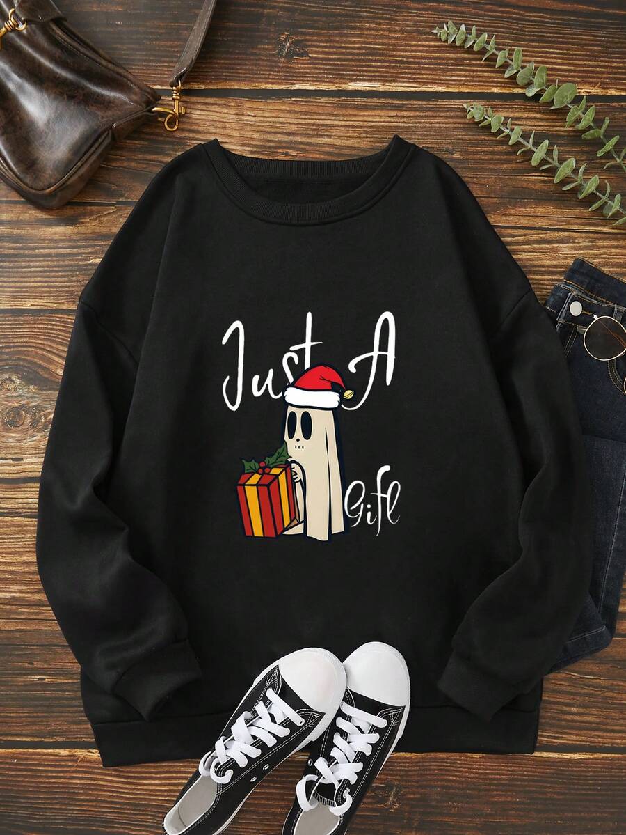 SHEIN EZwear Plus Letter & Cartoon Graphic Thermal Lined Sweatshirt - Black - View 1