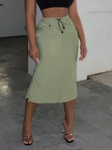 Zolique Drawstring Waist Patch Pocket Skirt - Green - View 3