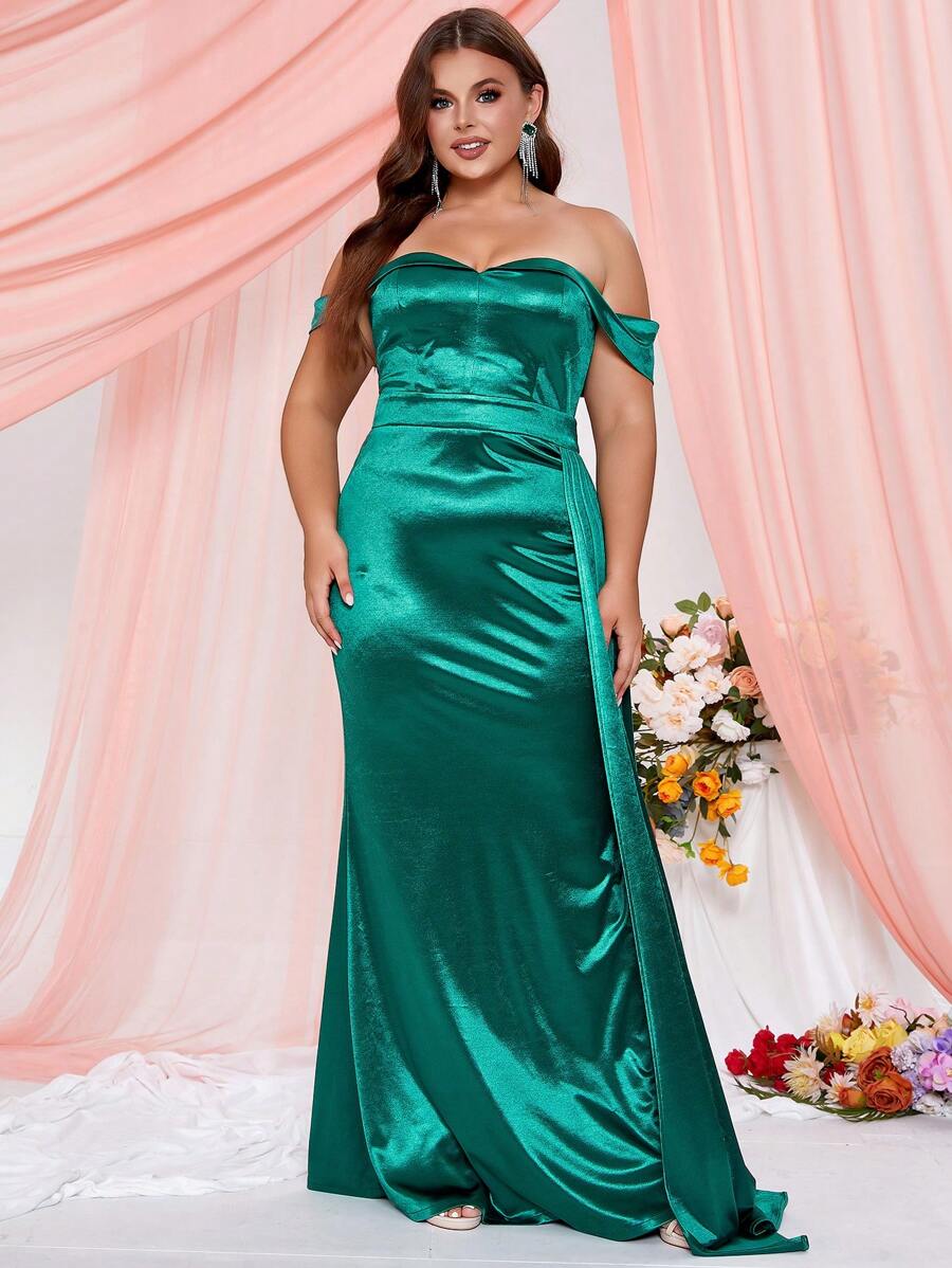 Plus Off Shoulder Draped Side Satin Wedding Dress - Green - View 1