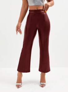 RueChic Solid Flare Leg Leather Look Pants - Coffee Brown - View 1