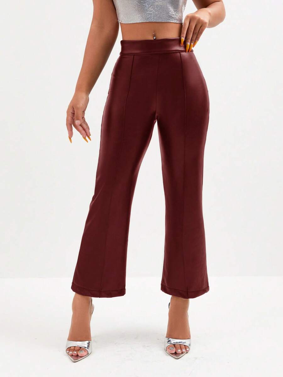 RueChic Solid Flare Leg Leather Look Pants - Coffee Brown - View 1