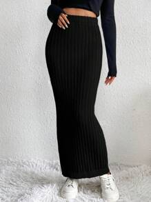 SHEIN LUNE Solid Ribbed Knit Sweater Skirt - Black - View 3