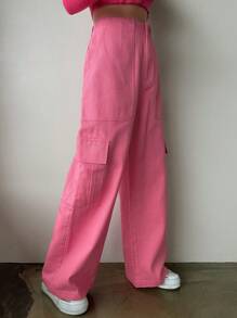 DAZY Solid Flap Pocket Side Wide Leg Pants - Pink - View 5