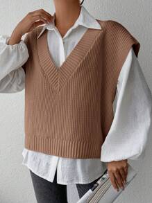 EURMUSE Solid Color V-neck Sweater Vest Without Shirt - Camel - View 5