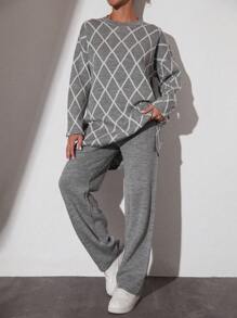 EURMUSE Argyle Pattern Drop Shoulder Sweater & Knit Pants - Light Grey - View 1