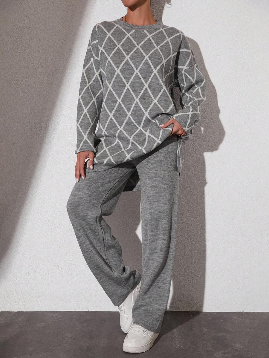 EURMUSE Argyle Pattern Drop Shoulder Sweater & Knit Pants - Light Grey - View 1