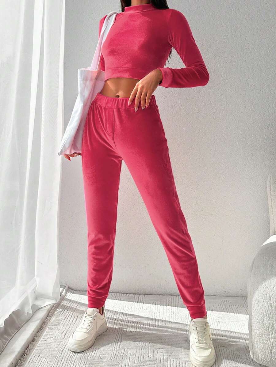 RueChic Mock Neck Crop Tee & Sweatpants - Pink - View 1