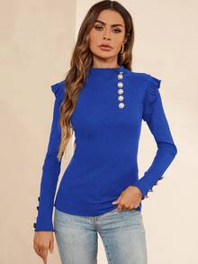 SHEIN Clasi 紐扣細節荷葉邊T恤 - 寶藍色 - 查看 5