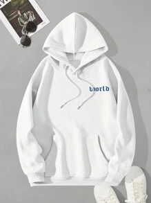 Men Slogan Graphic Drop Shoulder Drawstring Hoodie - White - View 2