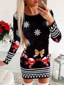 Robe Moulante Imprimée De Noël - Noir - Voir 1