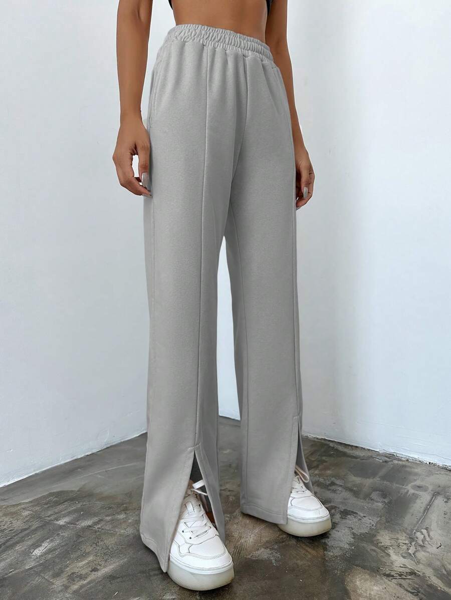 RueChic Split Hem Elastic Waist Sweatpants - Grey - View 1