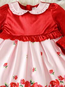 Bebé niña Vestido con estampado floral ribete con fruncido de cuello bobo