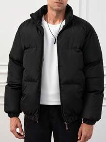 RueChic Men Raglan Sleeve Zipper Puffer Coat - Black - View 1