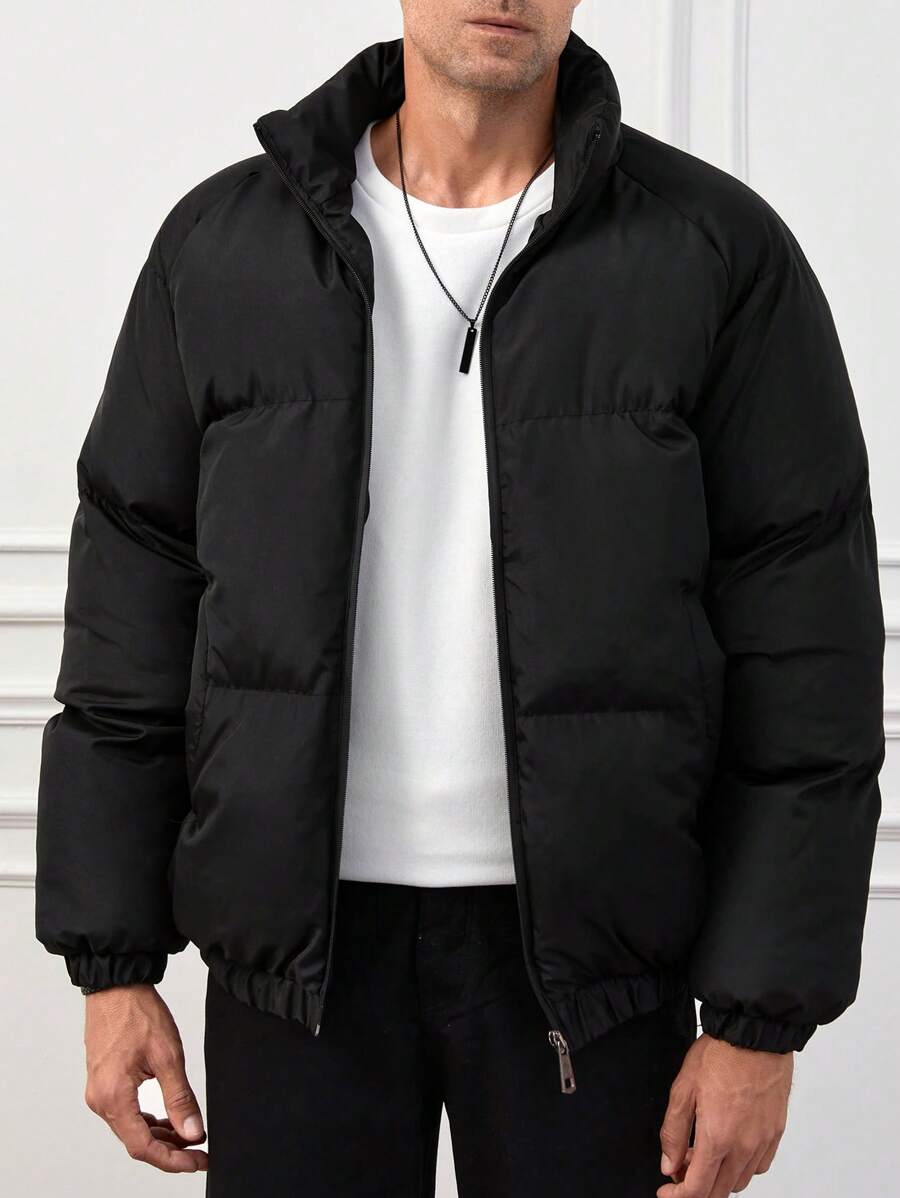 RueChic Men Raglan Sleeve Zipper Puffer Coat - Black - View 1