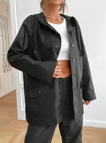 SHEIN EZwear Flap Detail Drop Shoulder Drawstring Hooded Coat
