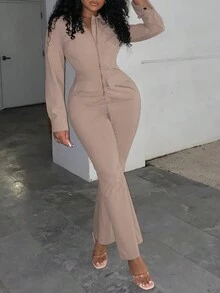 SHEIN Slayr Mono camisero unicolor con botón delantero - Caqui - Ver 5