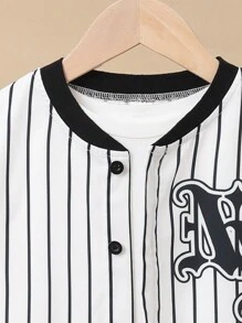 SHEIN 男大童條紋和字母圖案棒球領二合一襯衫 - 黑色 - 查看 4