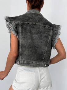 Cottnline Ripped Raw Trim Flap Pocket Denim Jacket - Dark Grey - View 2