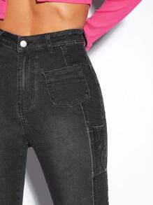 SHEIN BAE Flap Detail Flare Leg Jeans - Dark Grey - View 6