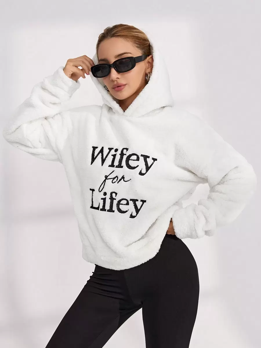 RueChic Letter Embroidery Drop Shoulder Hoodie - White - View 1