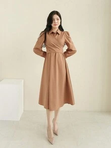 DAZY 女士商務風褐色衣服,帶有襯衫領和長袖 - 卡其色 - 查看 5