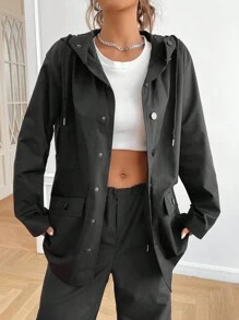 SHEIN EZwear Flap Detail Drop Shoulder Drawstring Hooded Coat