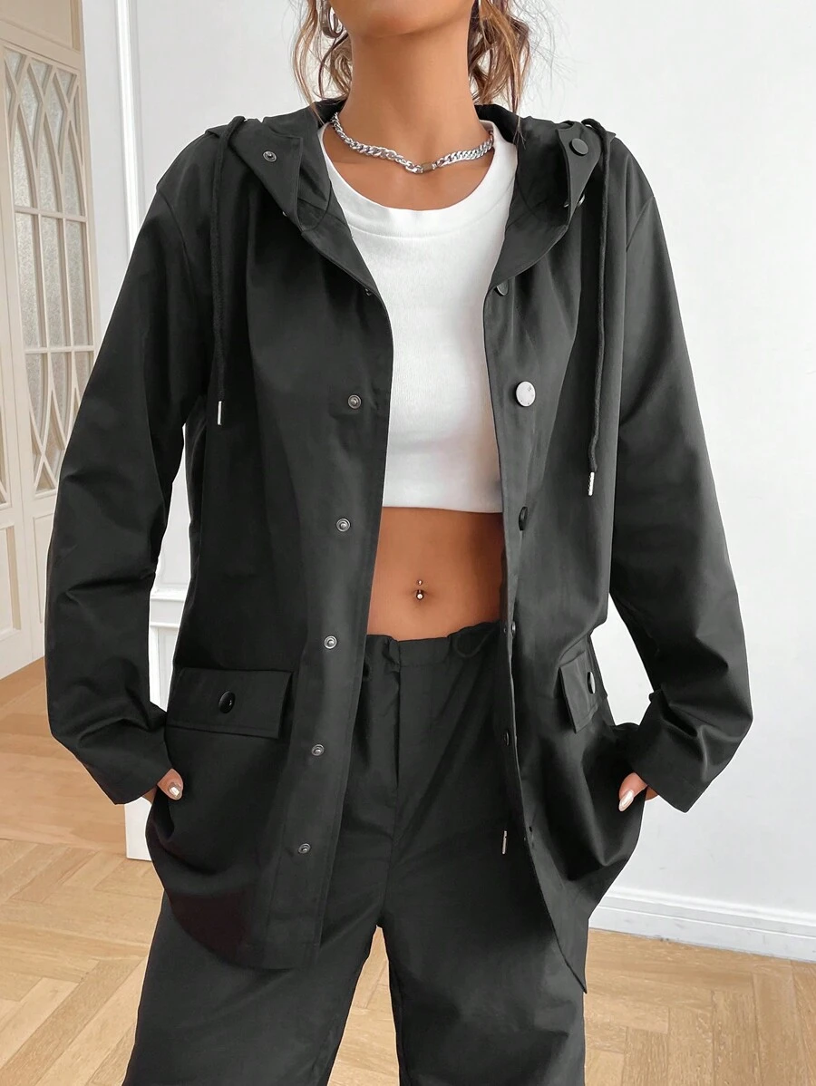 SHEIN EZwear Flap Detail Drop Shoulder Drawstring Hooded Coat