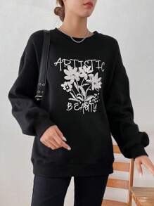 DAZY Floral & Letter Graphic Drop Shoulder Thermal Lined Sweatshirt - Black - View 1